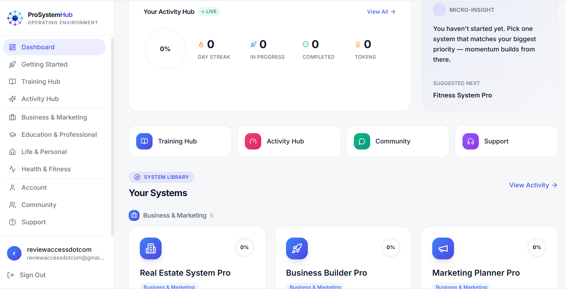 Pro System Hub member dashboard — activity hub, system library, and live progress