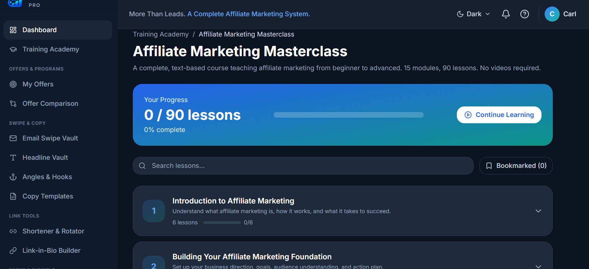 Lead Commission Pro Affiliate Marketing Masterclass with progress tracking