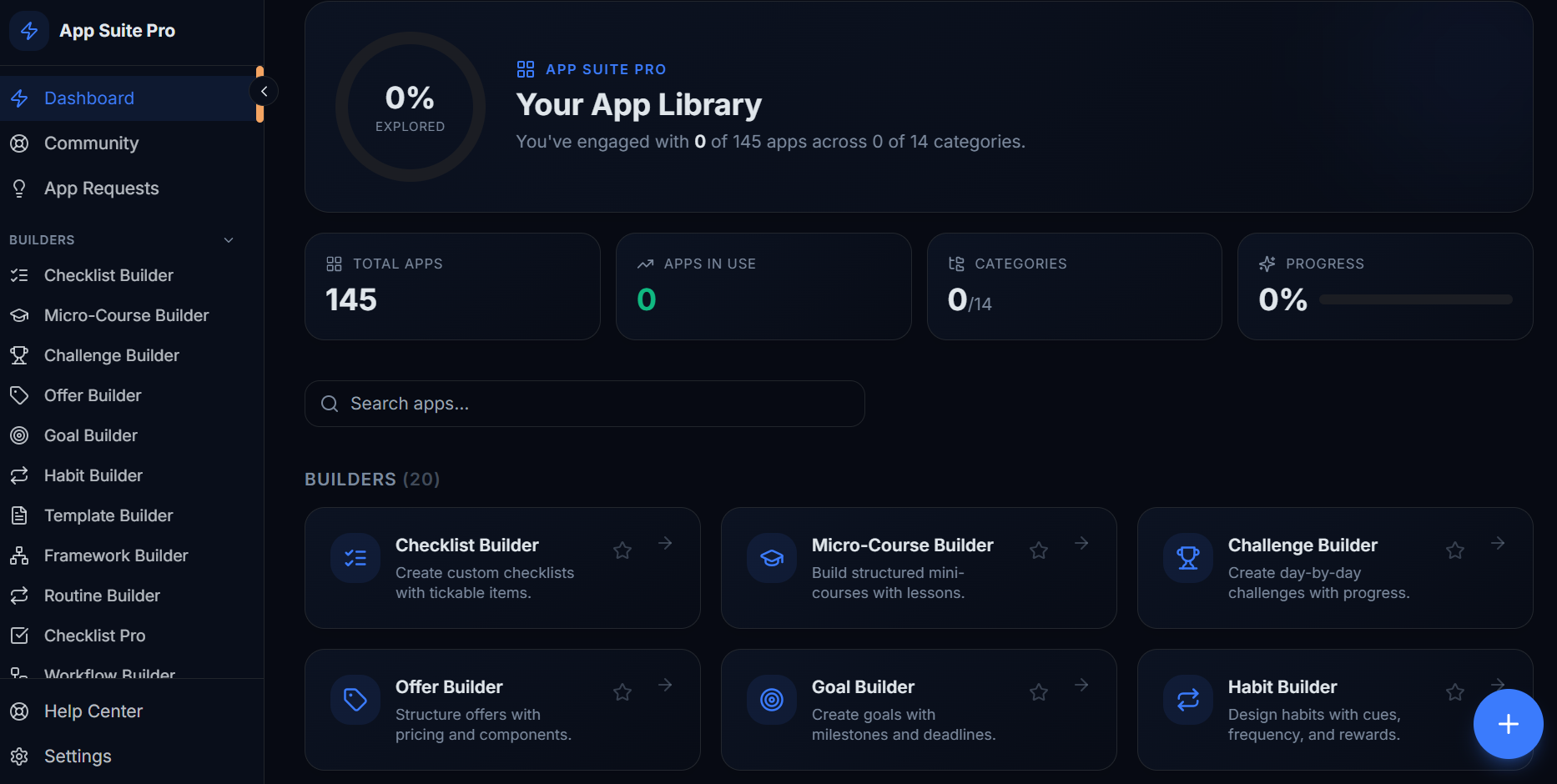 App Suite Pro members area — 201+ mini-apps, categories, search, and builder tools