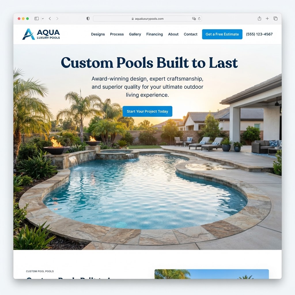 CUSTOM POOL BUILDING website mockup