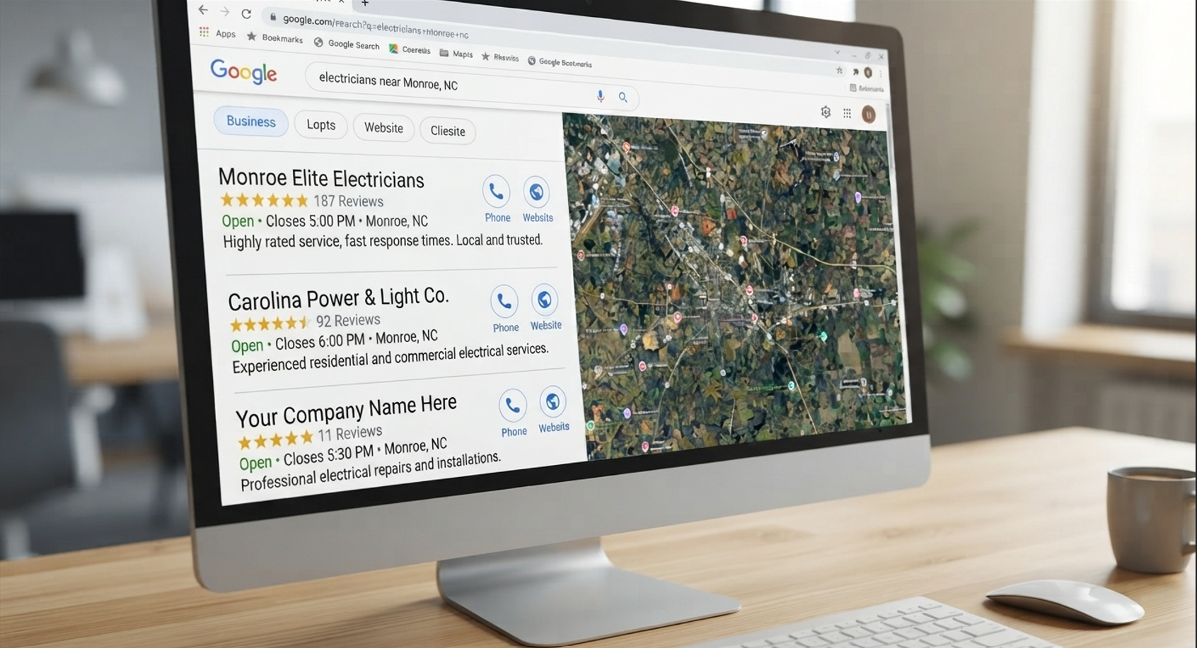 Google search for electricians near Monroe, NC showing competitors with far more reviews than your business