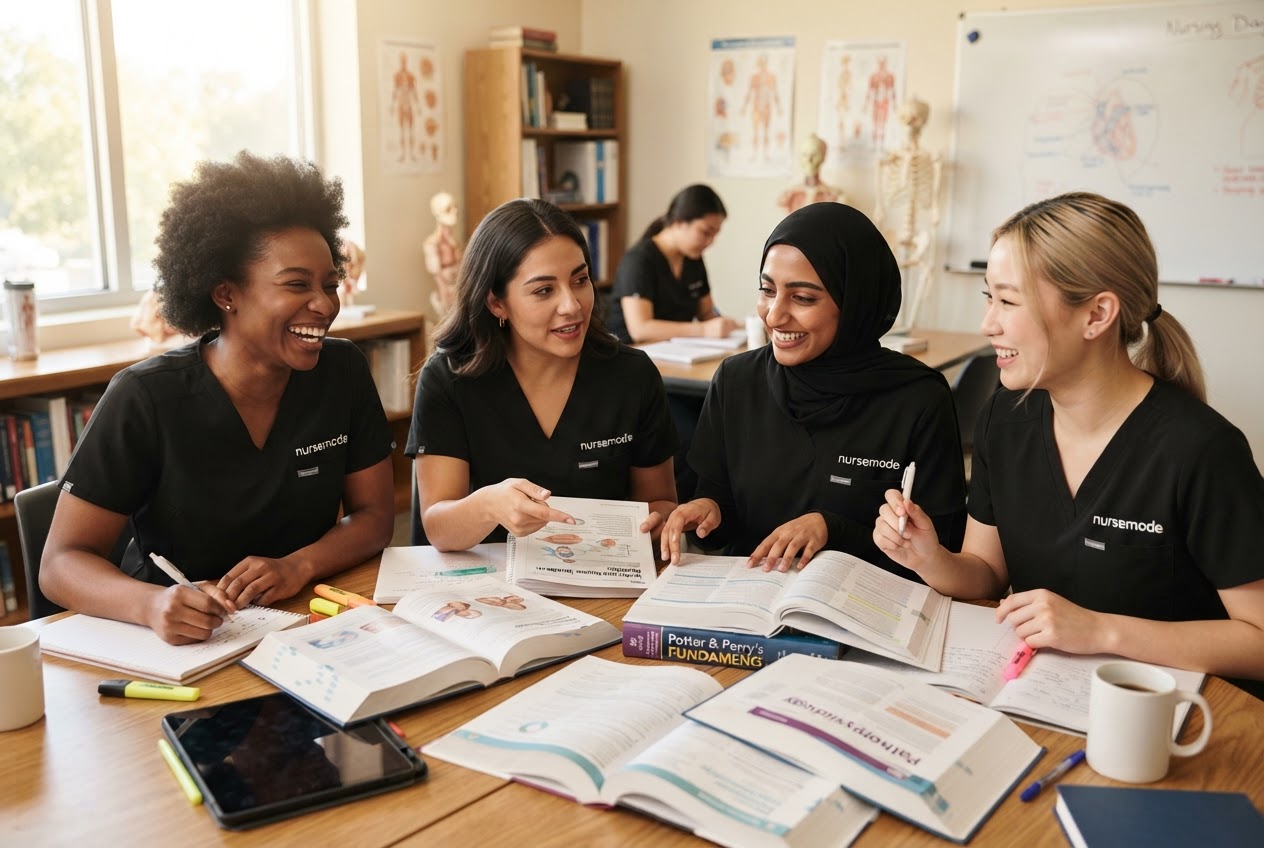 Nursing students studying together in deep plum scrubs