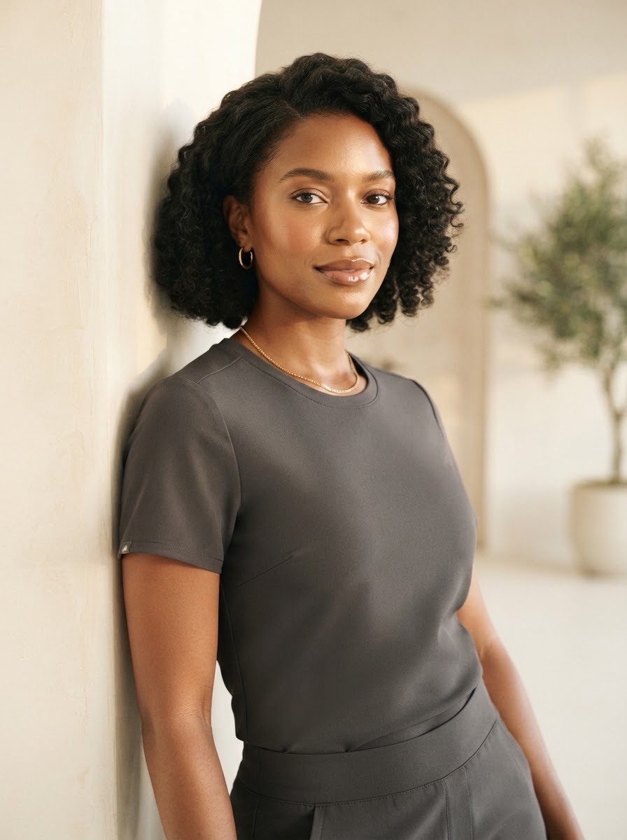 Confident nurse in charcoal scrubs looking directly at camera with an empowered, knowing smile
