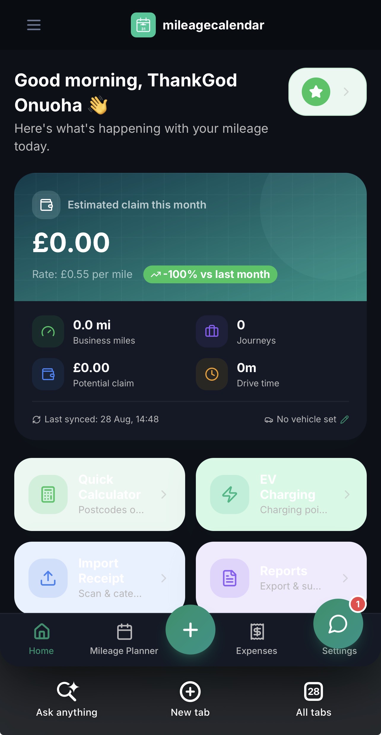 MileageCalendar mobile dashboard showing business mileage, appointments and expenses
