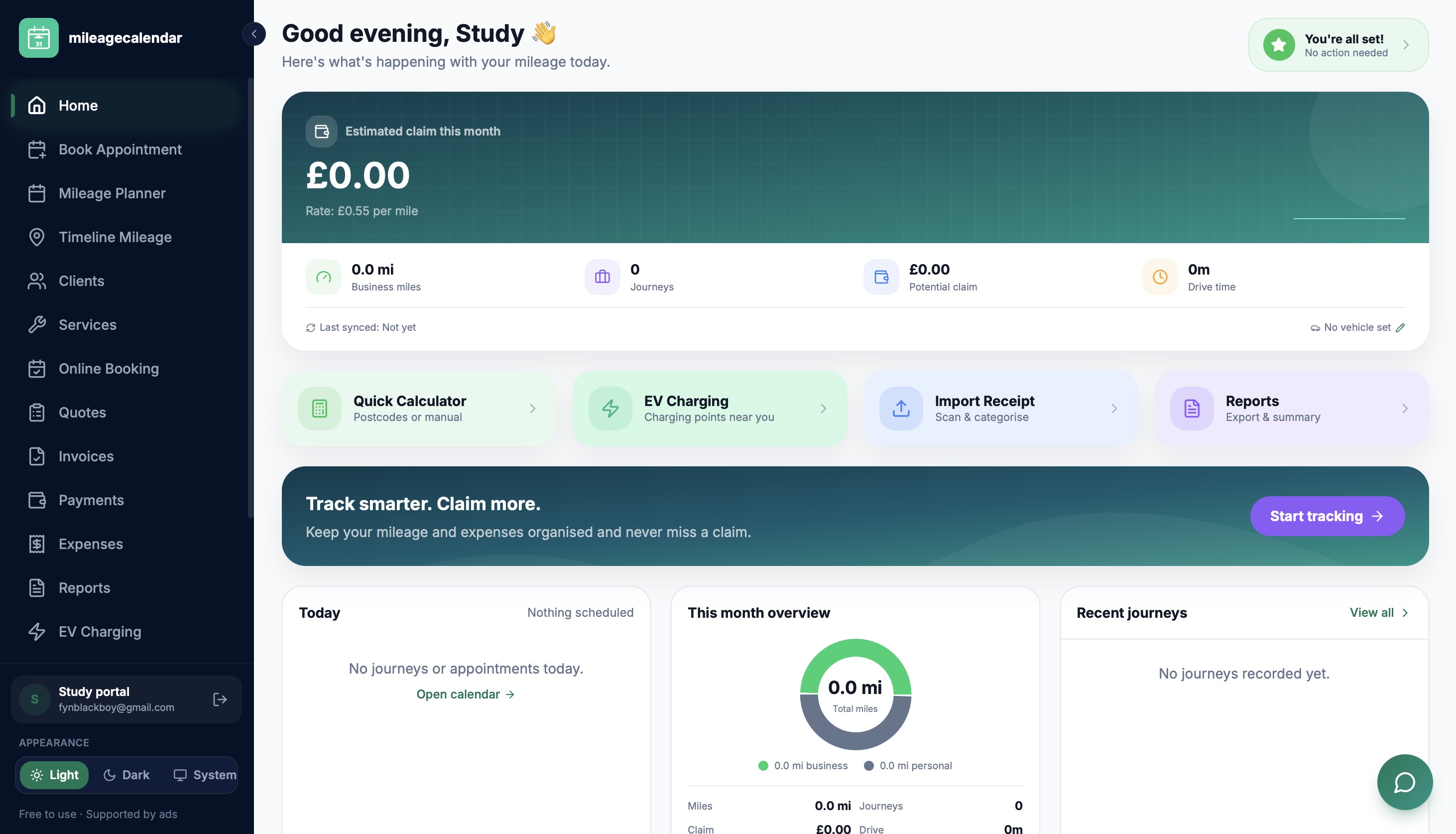 MileageCalendar desktop dashboard showing estimated claim, quick actions and reports