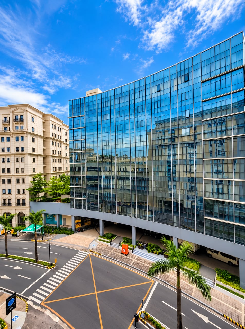 Contemporary glass building and street near the unit, a short walk to Runway Manila