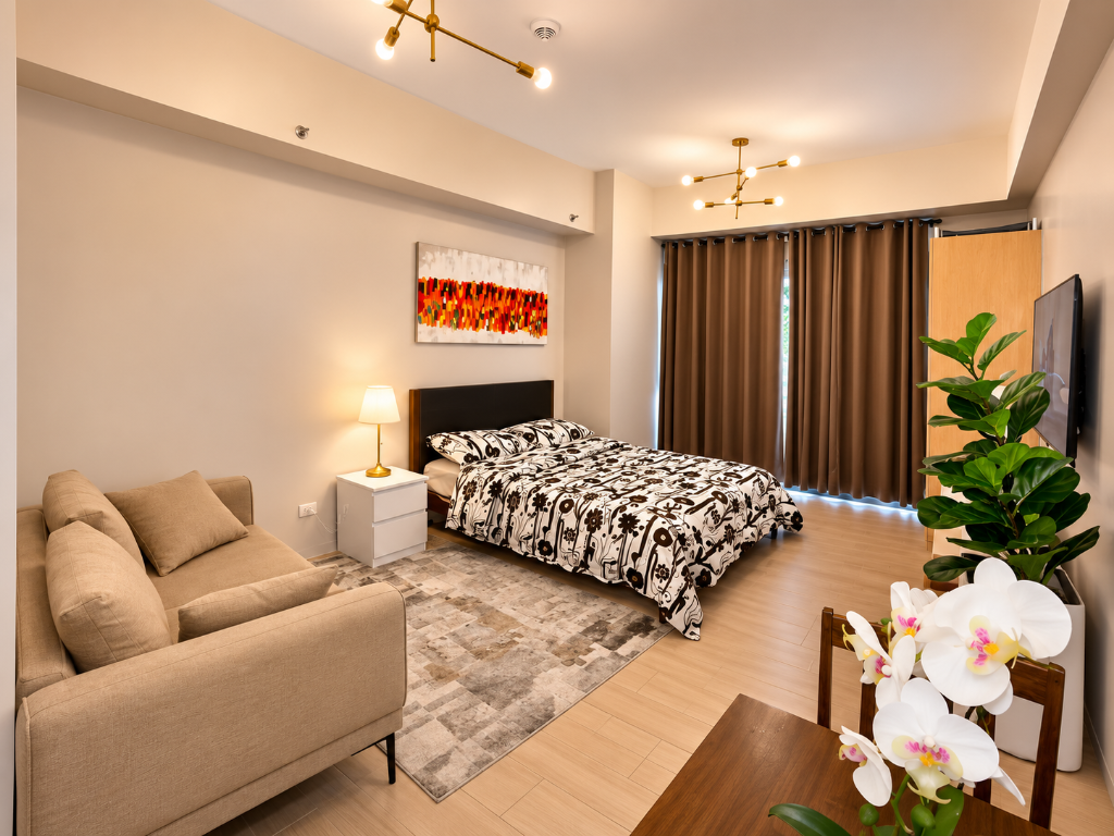 Open-plan studio — beige sofa, king bed, floral duvet, brass chandelier, and orchid arrangement