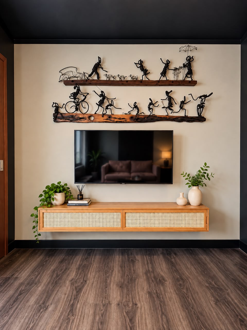 Media wall with wall-mounted TV, rustic floating shelves, and woven cane console