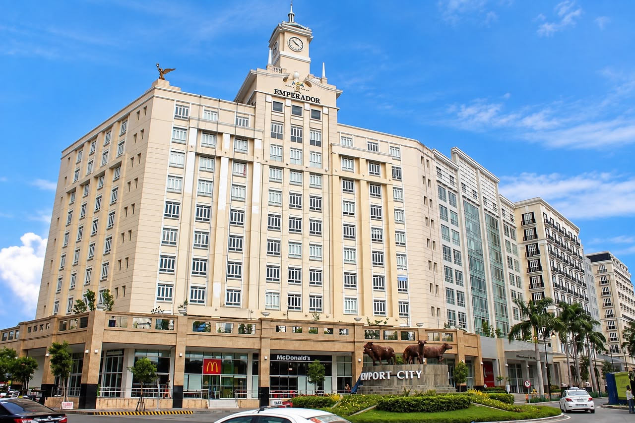 Newport City streetscape with the Emperador tower, minutes from NAIA Terminal 3