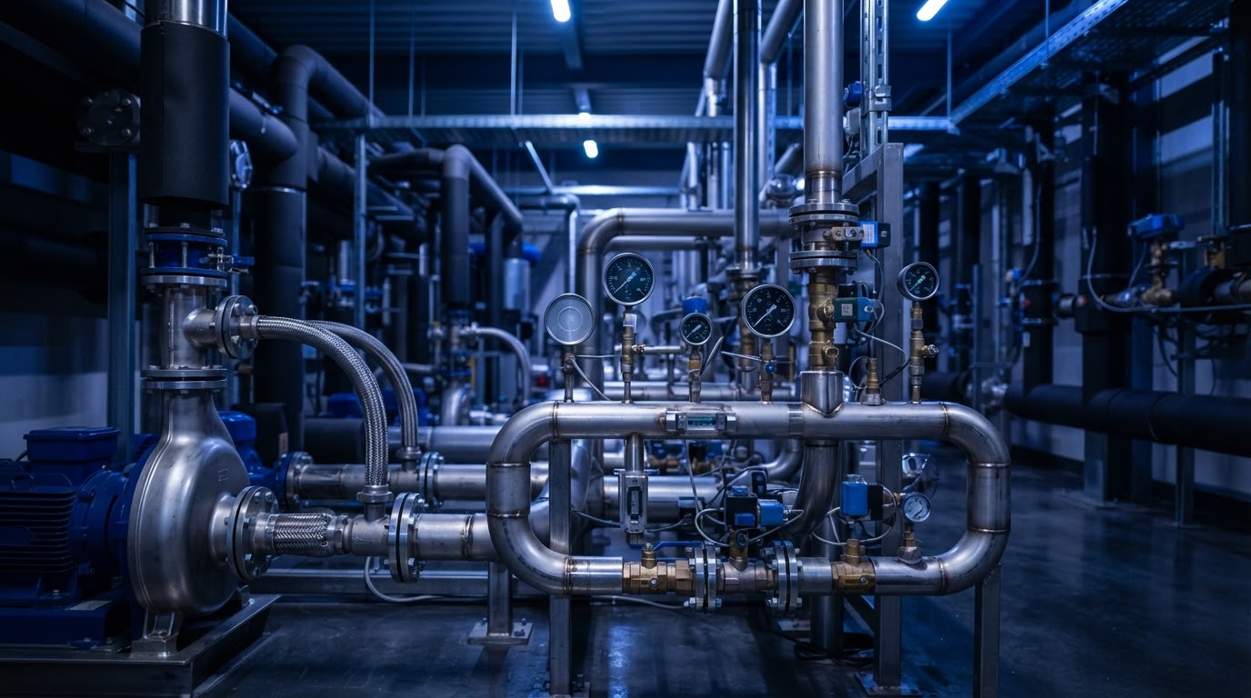 Modern MEP plant room with blue-lit piping systems