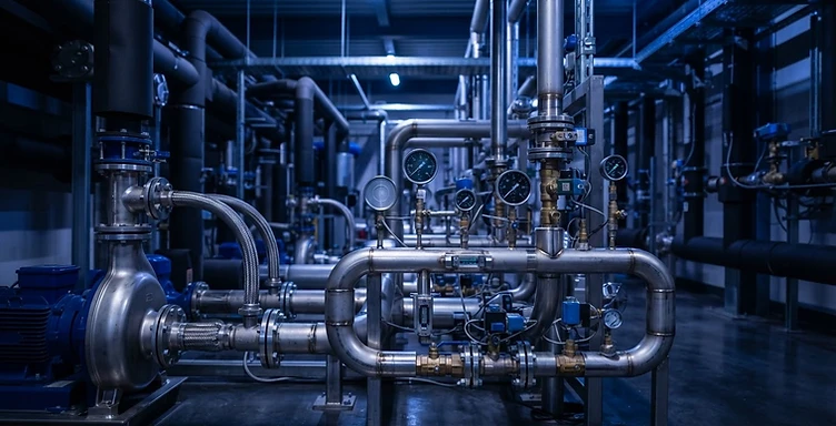 Modern MEP plant room with blue-lit piping systems