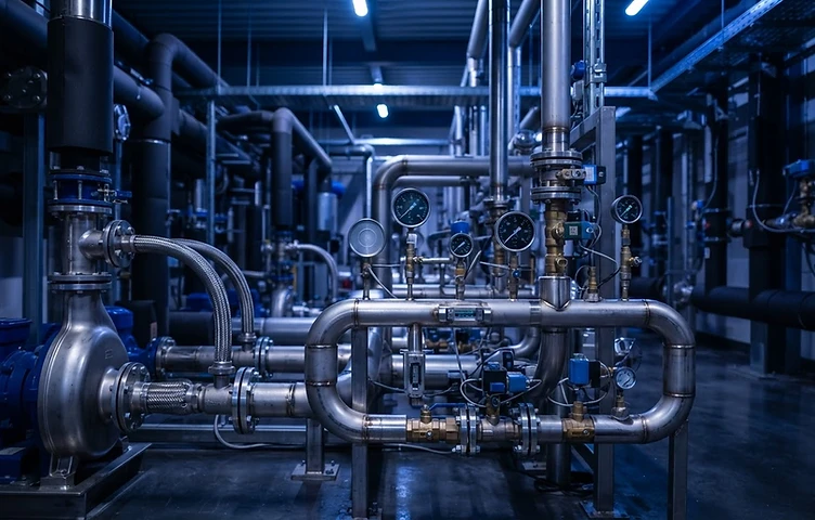 Modern MEP plant room with blue-lit piping systems