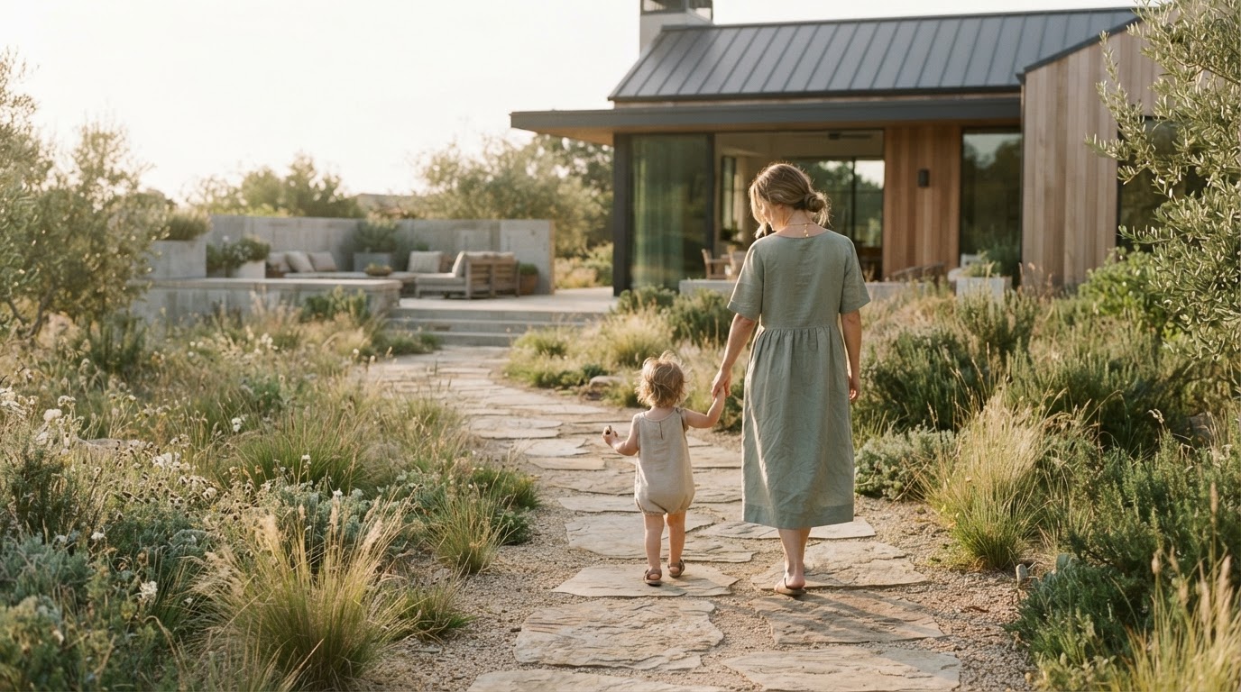 Family walking together in a beautiful garden