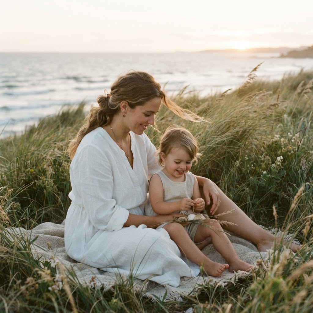 A mother in quiet golden hour light, present with her child