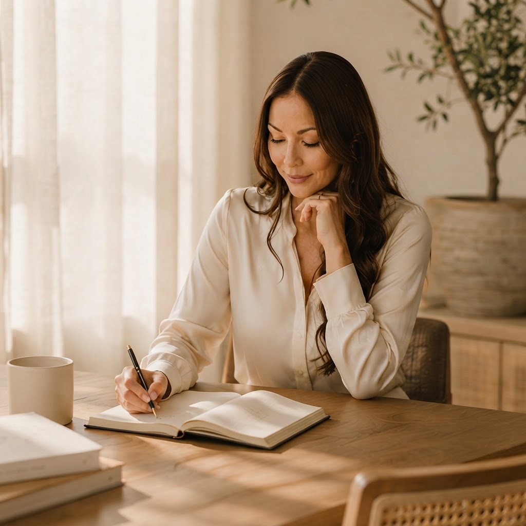 A woman writing thoughtfully in a notebook at a sunlit wooden table