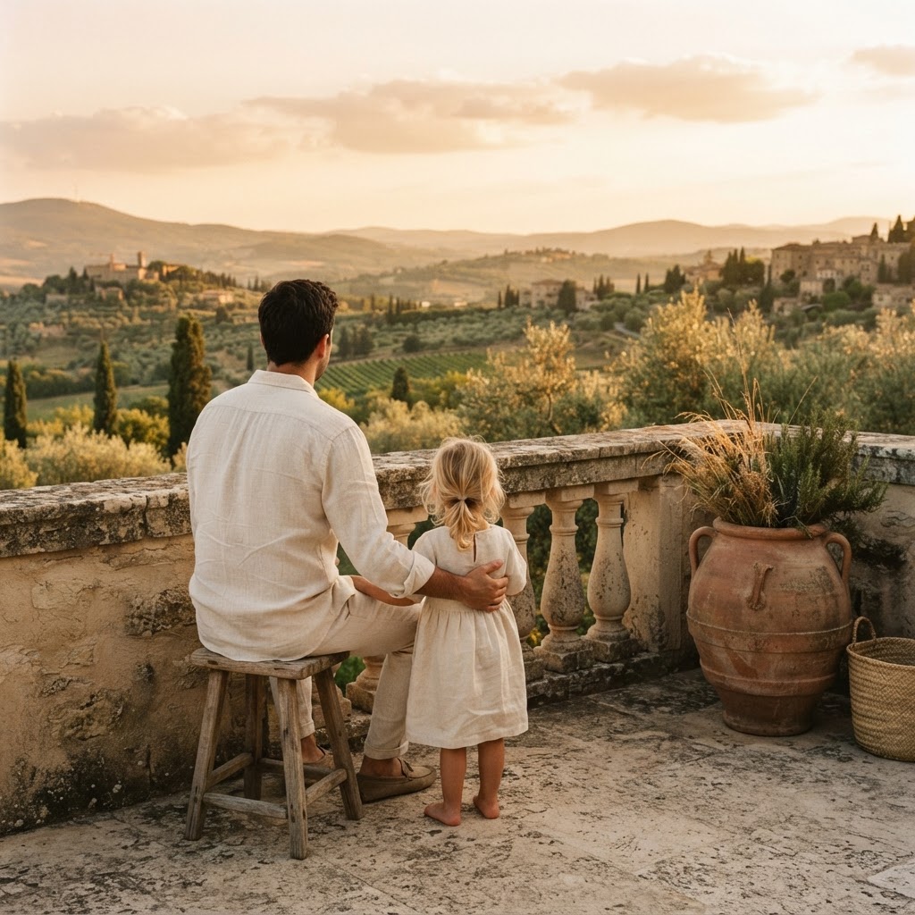 A father quietly present with his child on a terrace at dusk