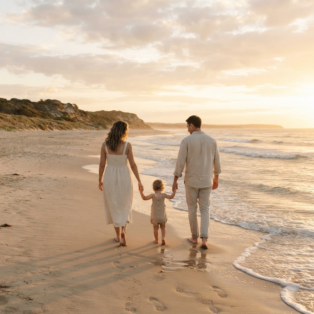 A family sharing a quiet moment in a sunlit Australian home