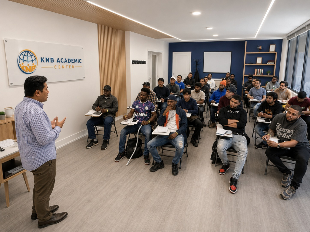 Estudiantes de KNB Academic Center trabajando en laboratorio técnico