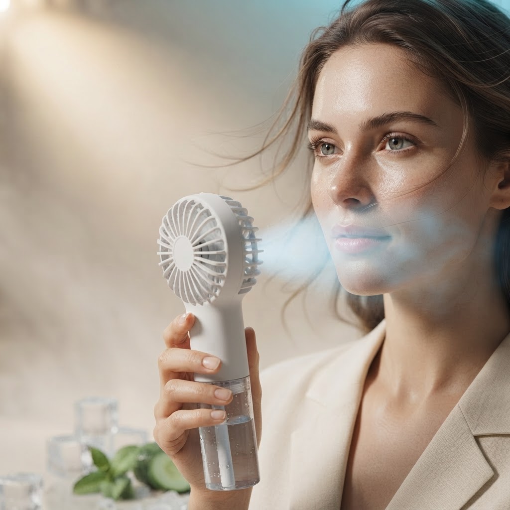 Femme tenant le ventilateur brumisateur