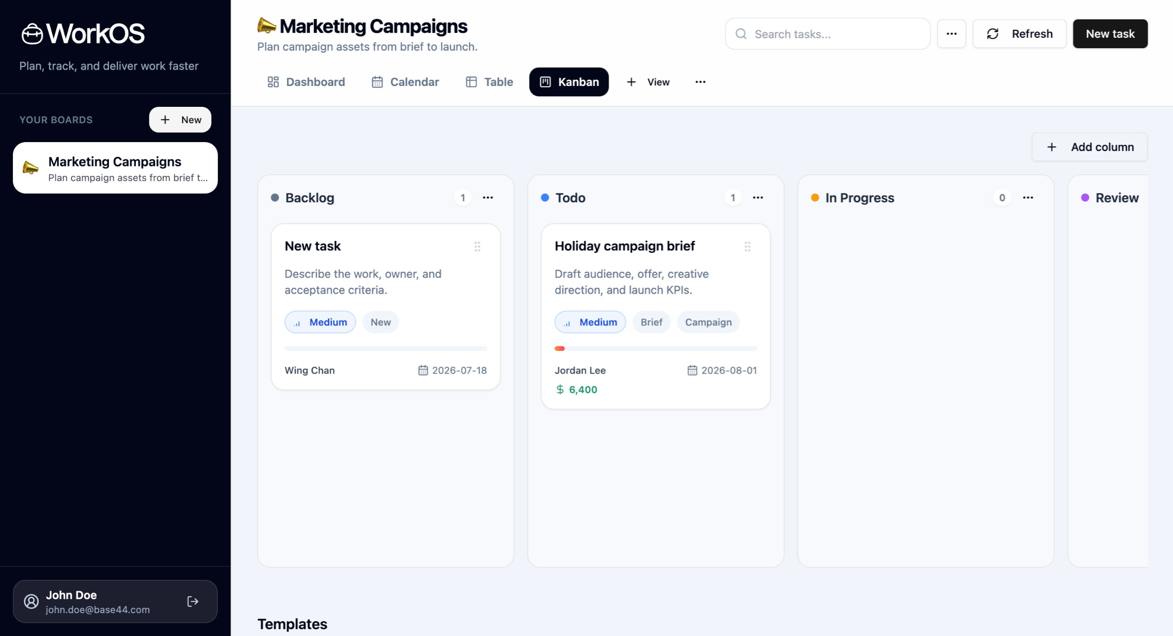 WorkOS: Workspace and Tasks template preview