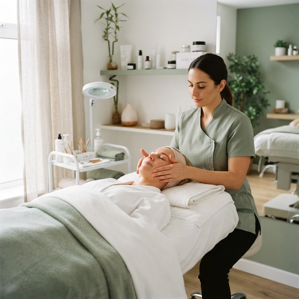 A beautician giving a facial treatment to a client in a bright, modern treatment room