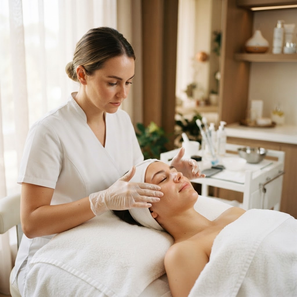 A beauty therapist giving a facial treatment in a bright treatment room