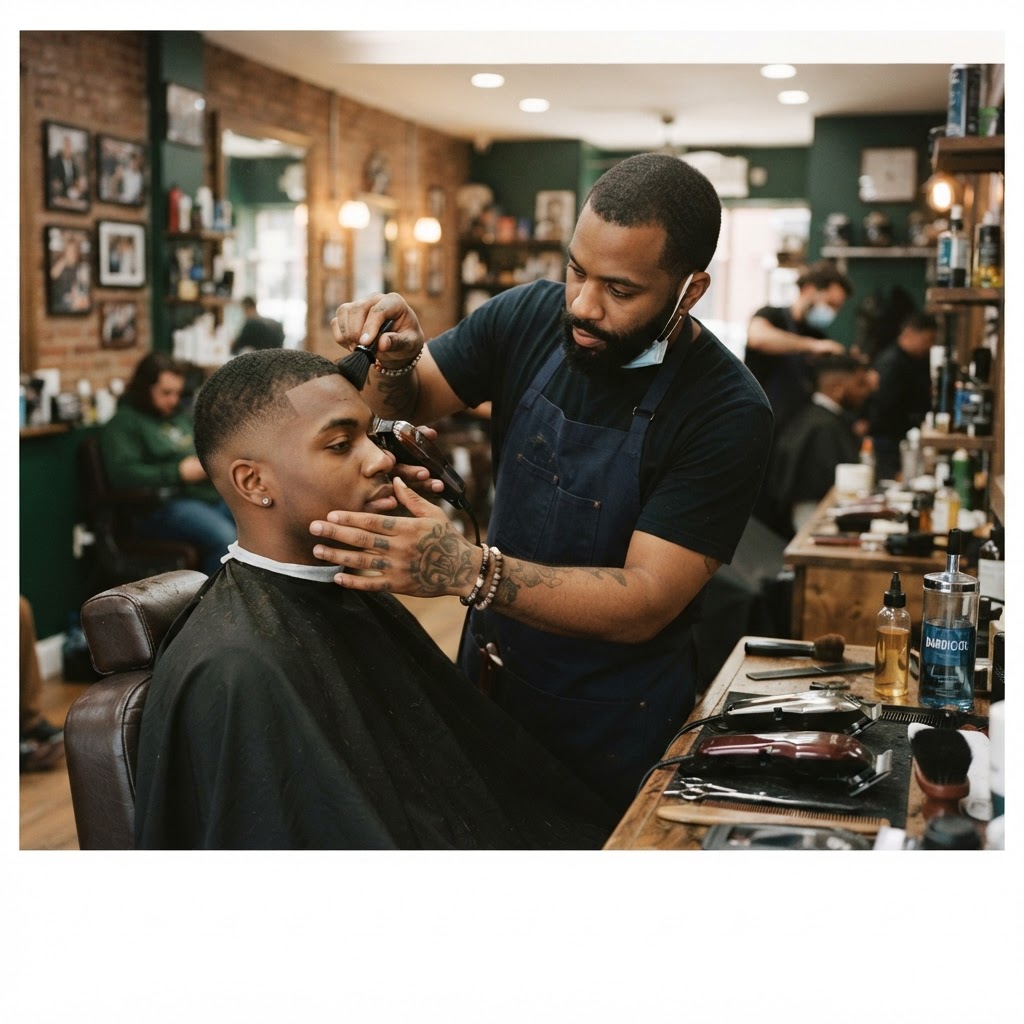 A barber shaping a client's fade in a warm, independent barbershop