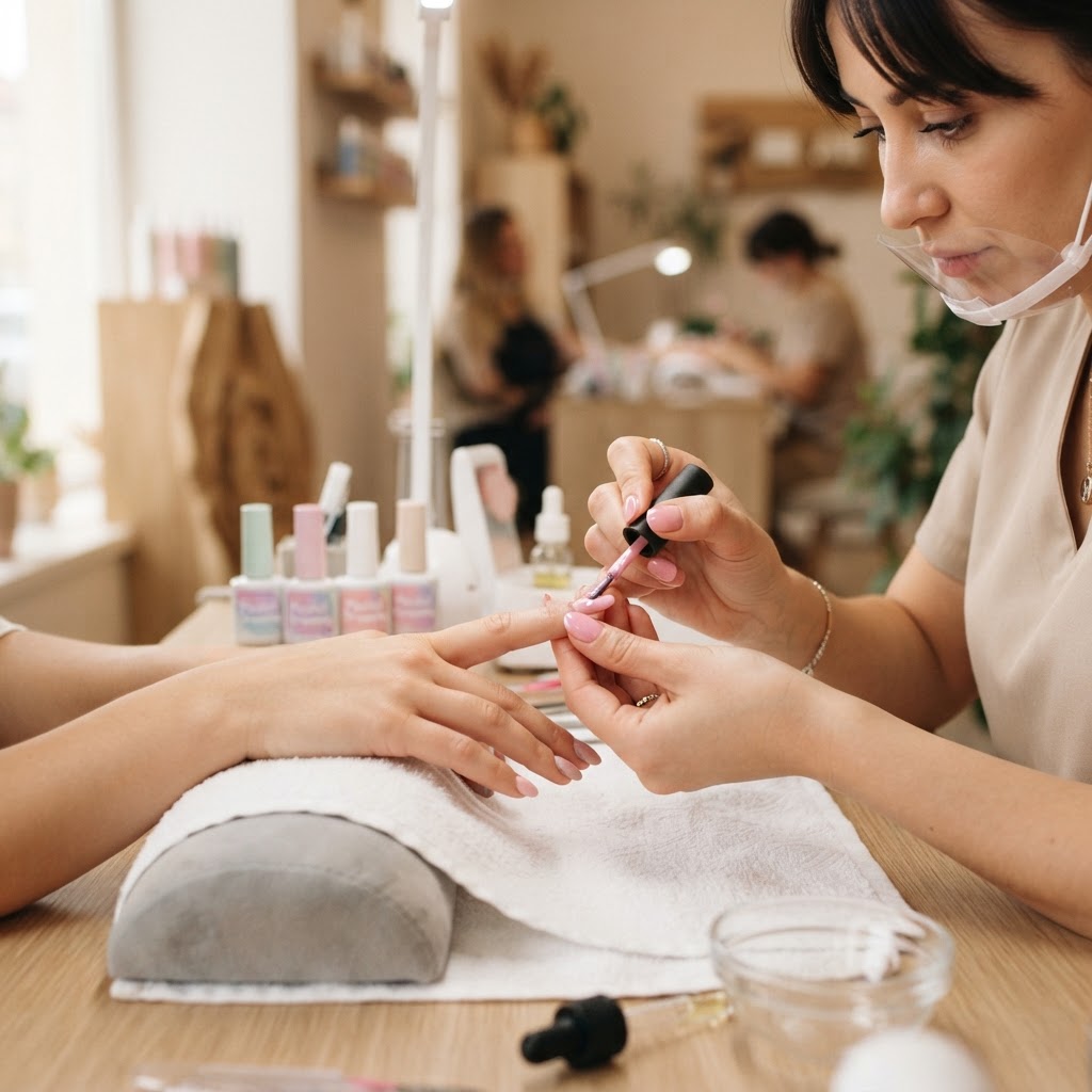 A nail technician applying gel polish to a client's manicured nails