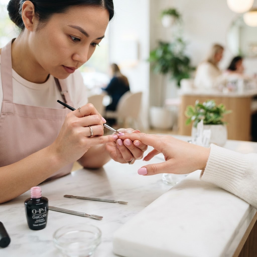 A nail technician applying gel polish to a client's manicured nails in a bright salon