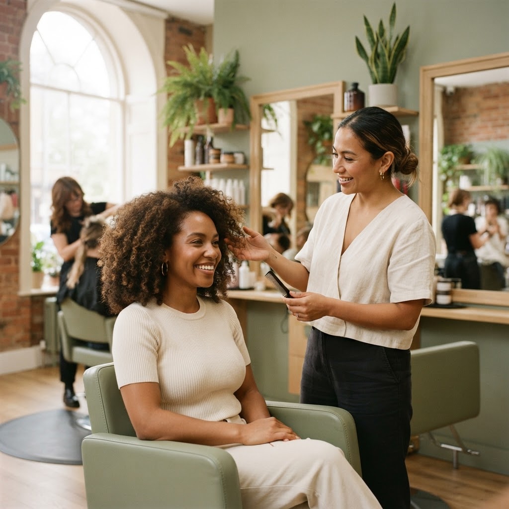 A stylist consulting with a client in a bright, modern salon