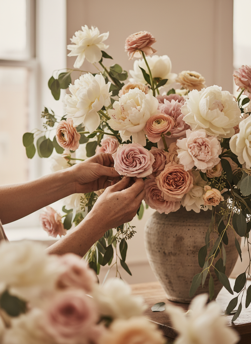 Florist composing an elaborate arrangement of garden roses and peonies