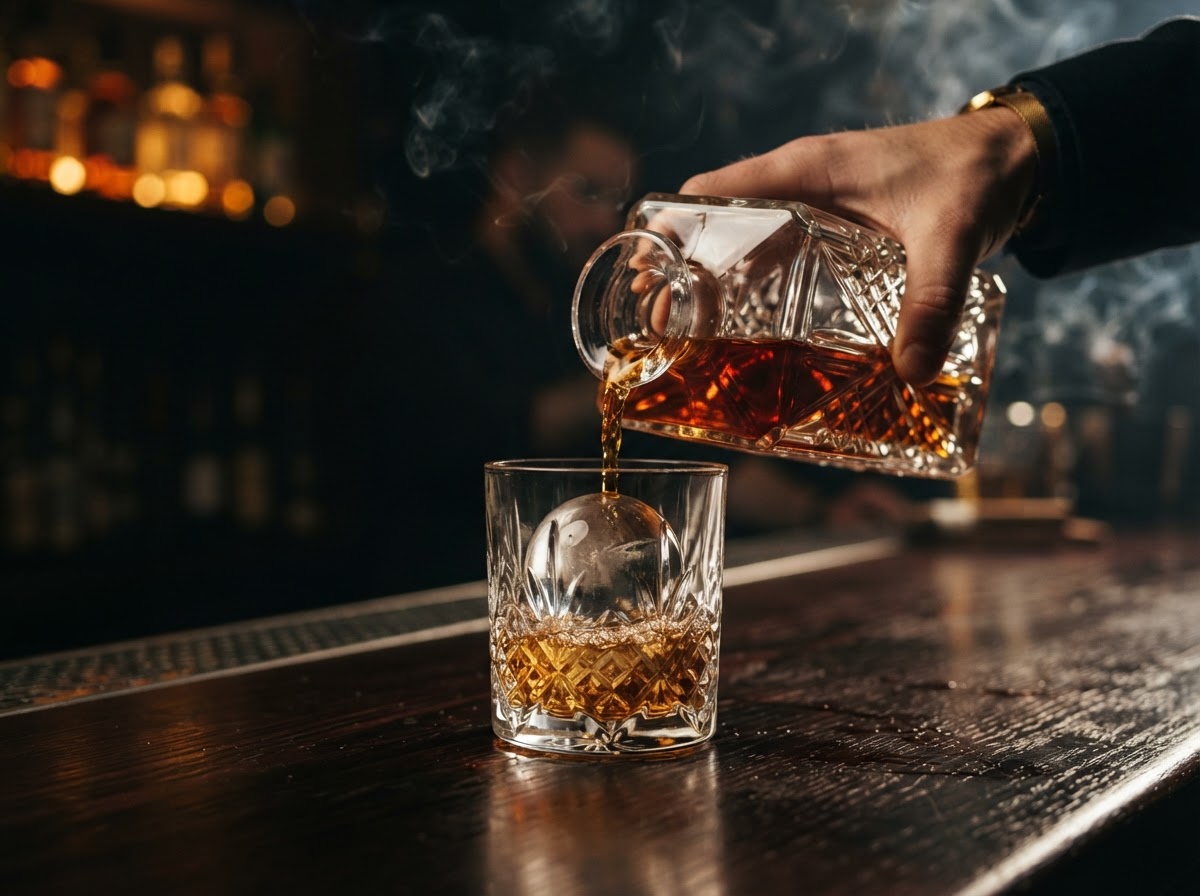 Bourbon pour over ice sphere