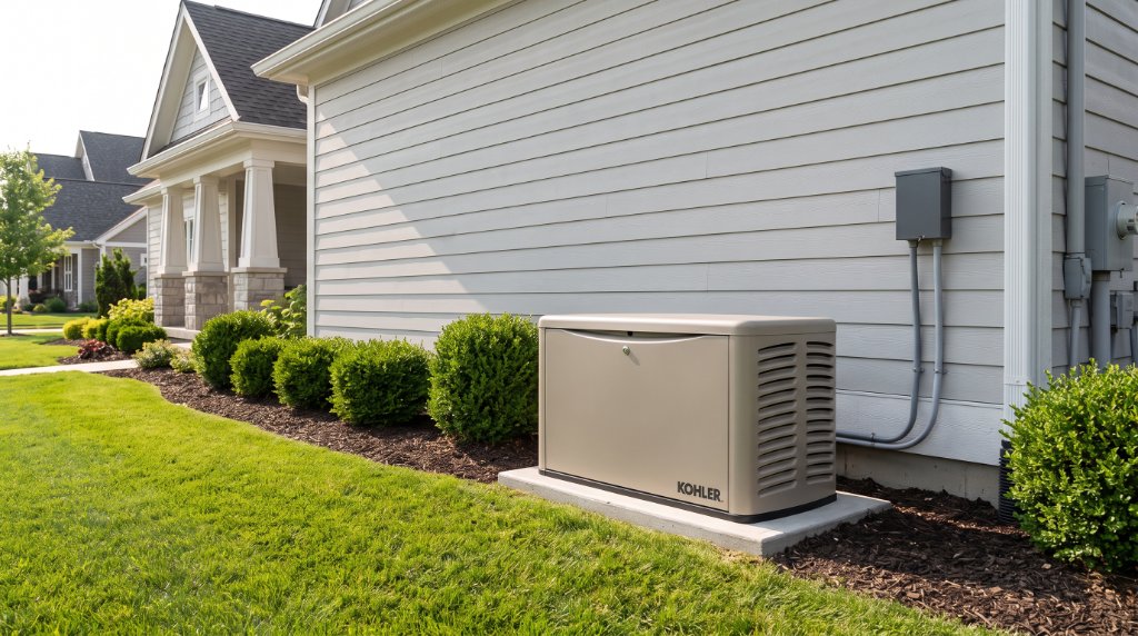 Kohler standby home backup generator installed beside a Houston home