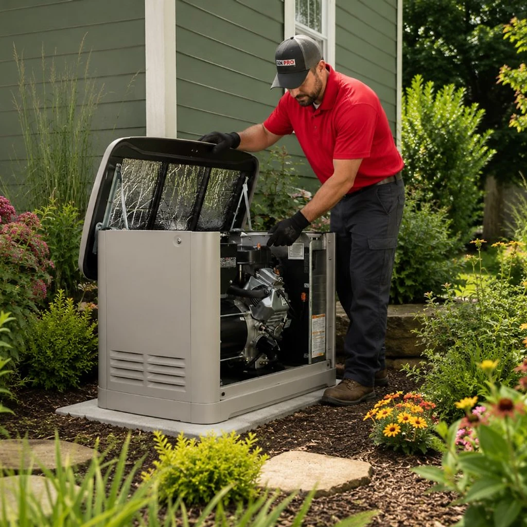 Licensed technician installing a standby generator at a Houston home