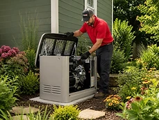 Licensed technician installing a standby generator at a Houston home