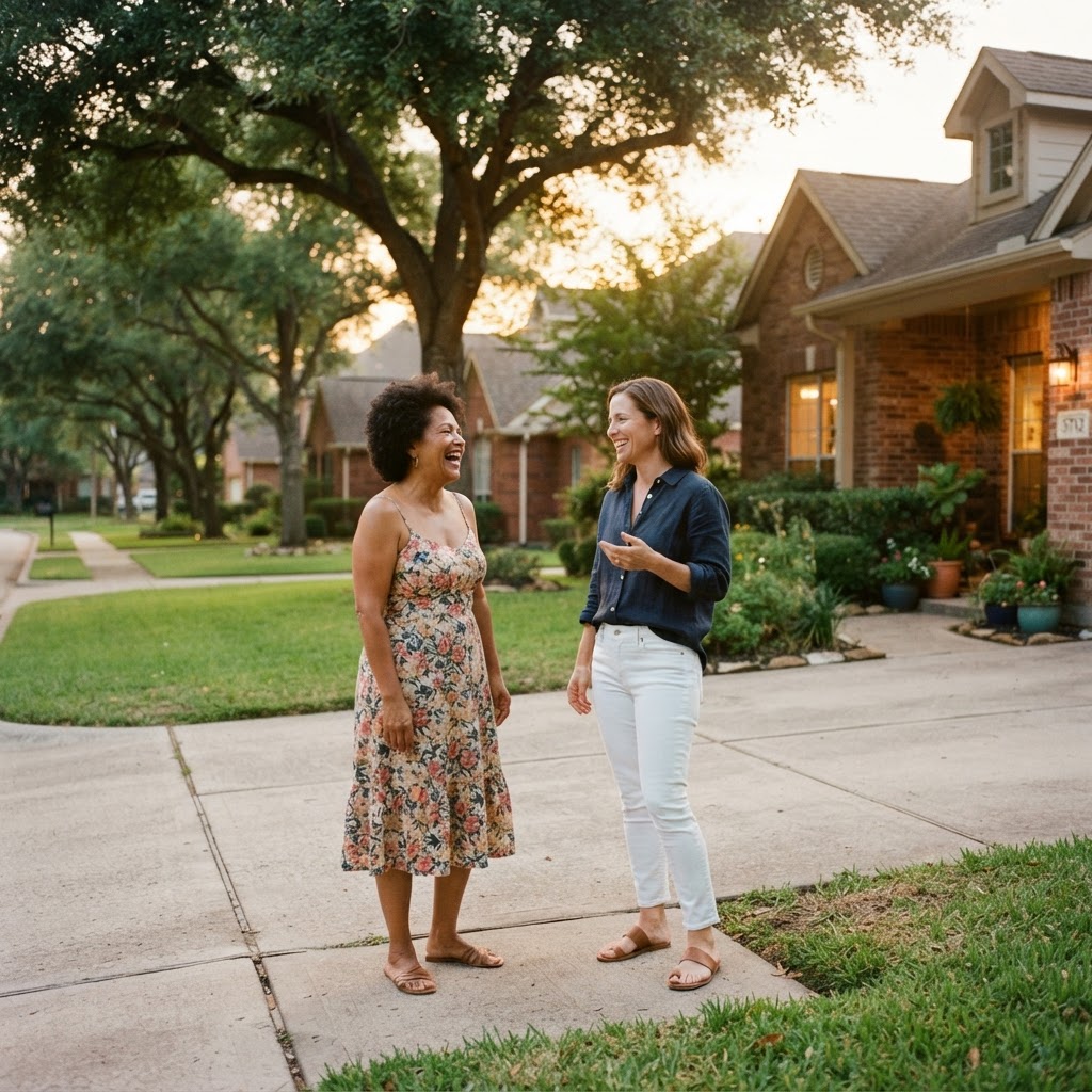 Two neighbors chatting outside a Houston home at golden hour, A&A GenPro referral program