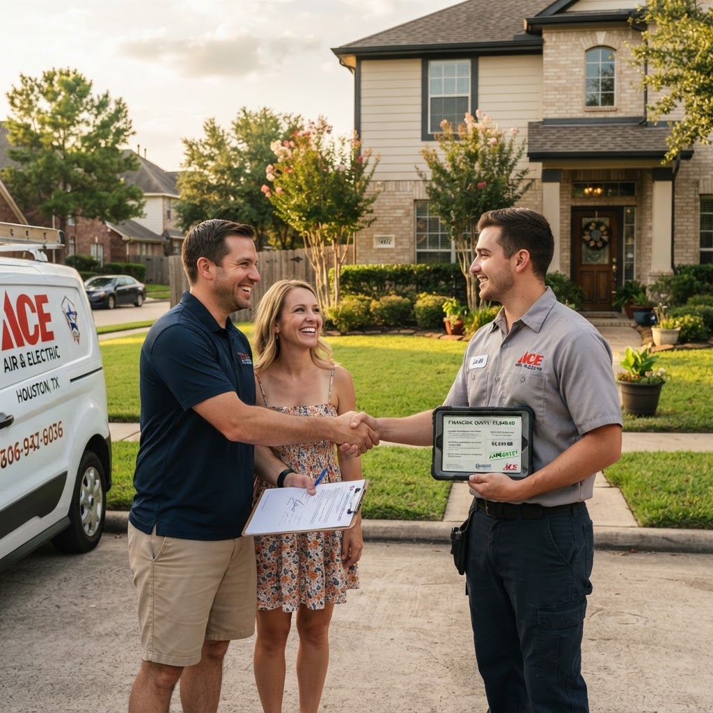 Homeowner reviewing a generator financing quote with an A&A GenPro technician