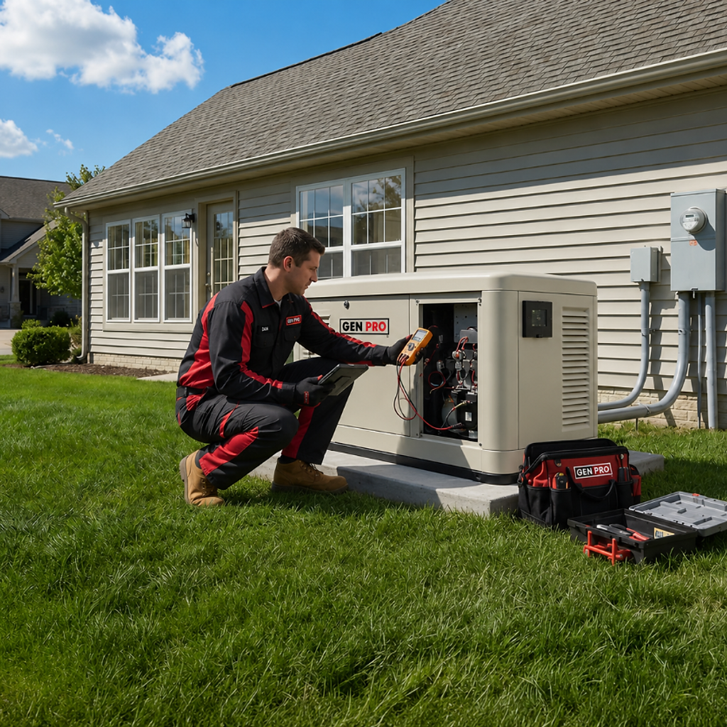 A&A GenPro technician performing annual maintenance on a home standby generator