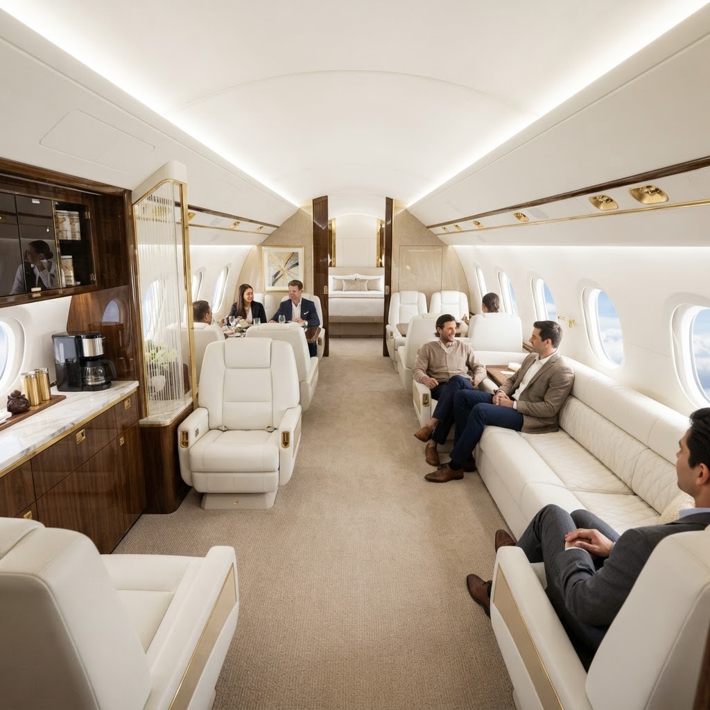 Ultra-Long Range Jet cabin interior — private jet charter