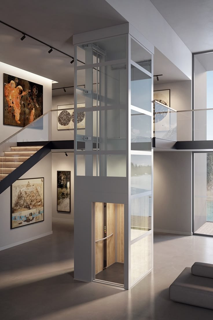 Lift — render de elevador de cristal en galería residencial
