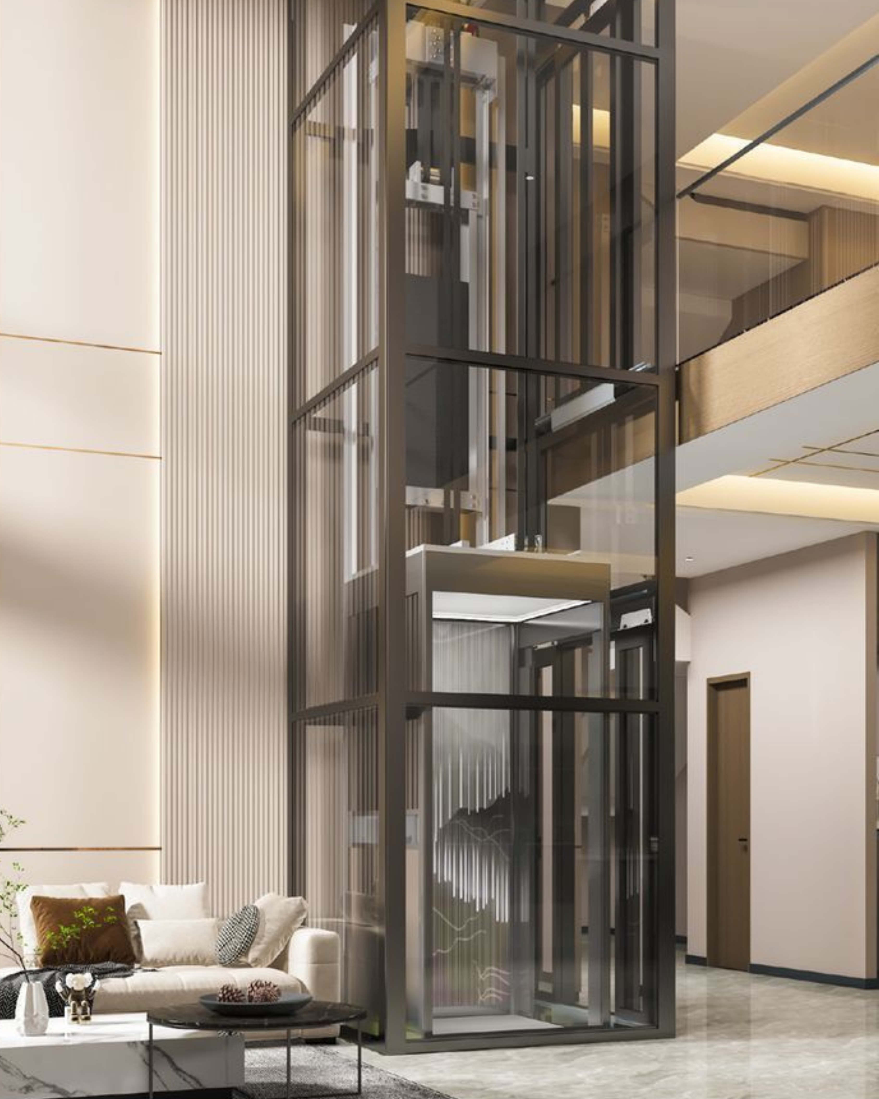 Render de elevador de cristal moderno
