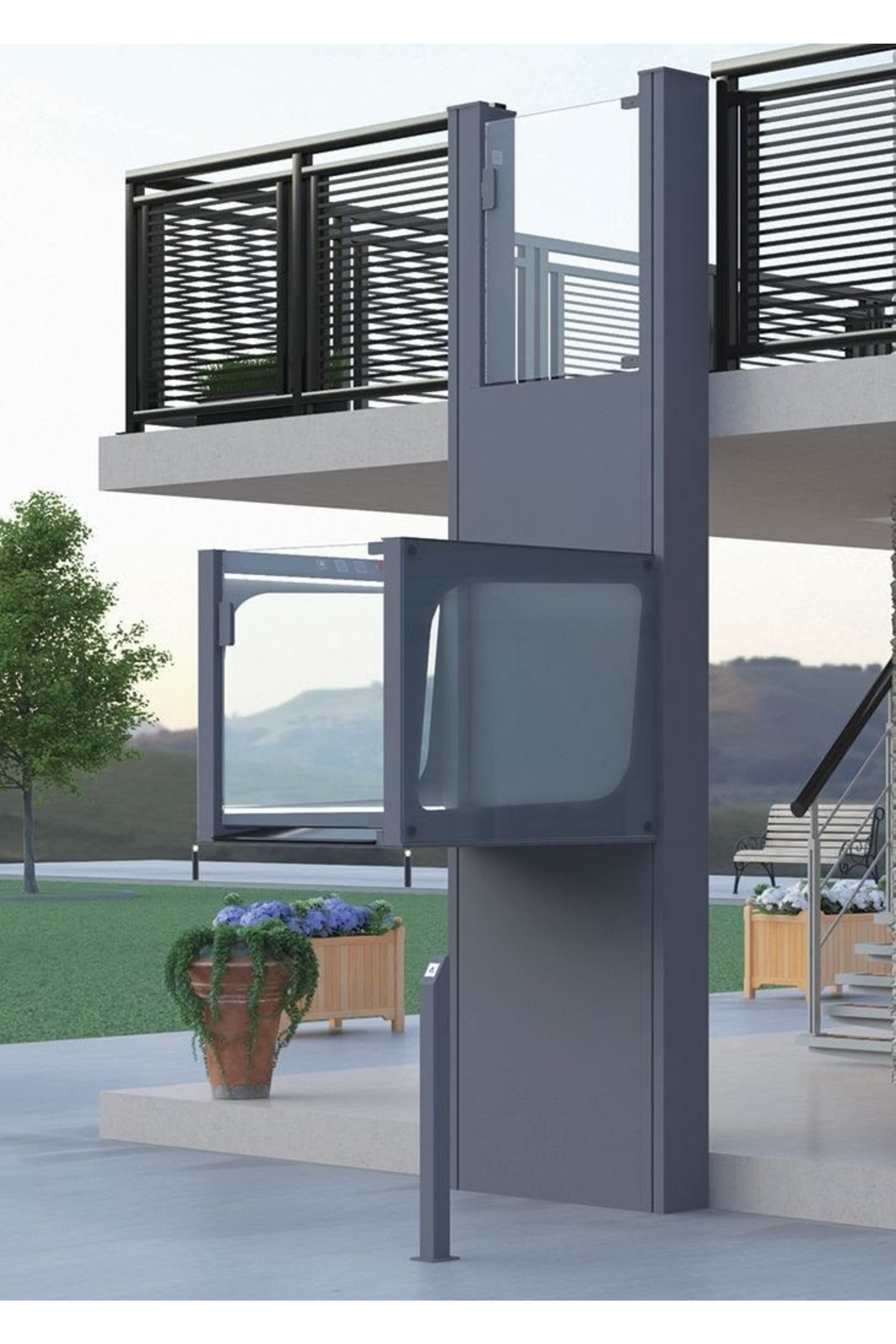 Lift — render de plataforma vertical en terraza