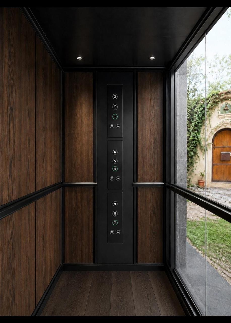 Cabina residencial con paneles de madera y muro de cristal