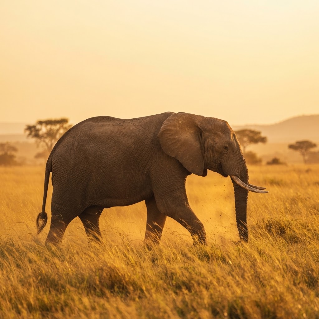 A majestic African elephant walking through golden savanna grass at sunset