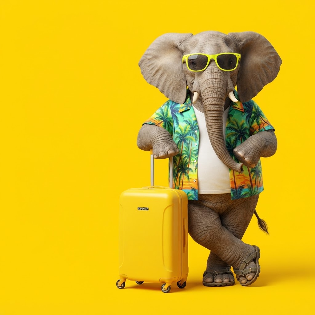 A holiday-ready elephant in a yellow shirt leaning on a yellow suitcase