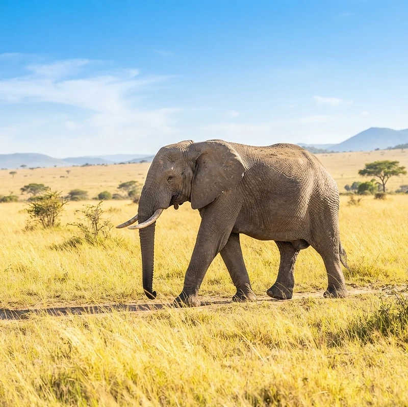 A real African elephant on the savanna in bright morning light