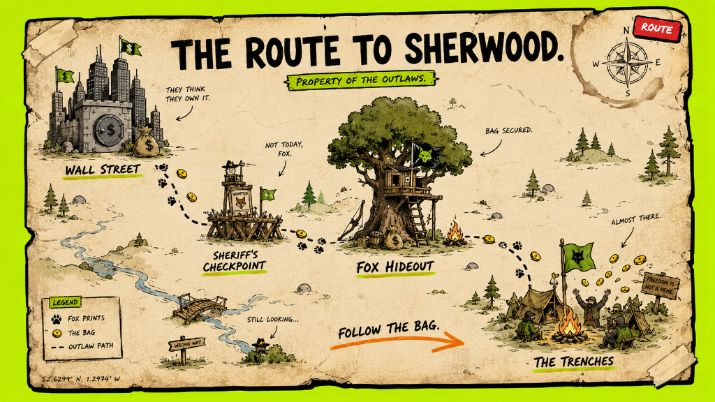 The Route to Sherwood β a hand-drawn treasure map tracing the outlaw path from Wall Street through the Sheriff's Checkpoint and Fox Hideout to The Trenches