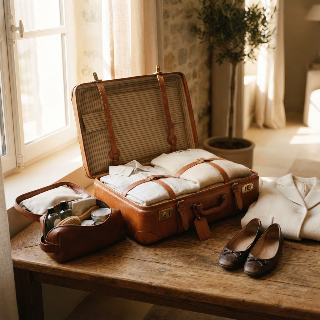 A neatly packed leather suitcase opened beside a dedicated travel toiletry bag in soft golden morning light