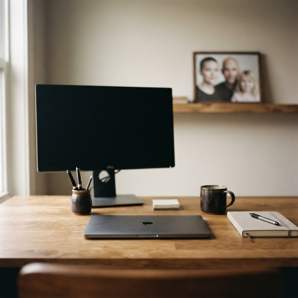 A freshly cleaned and reset wooden desk with a closed laptop, monitor, and keyboard, and a barely visible blurred framed family photo in the background