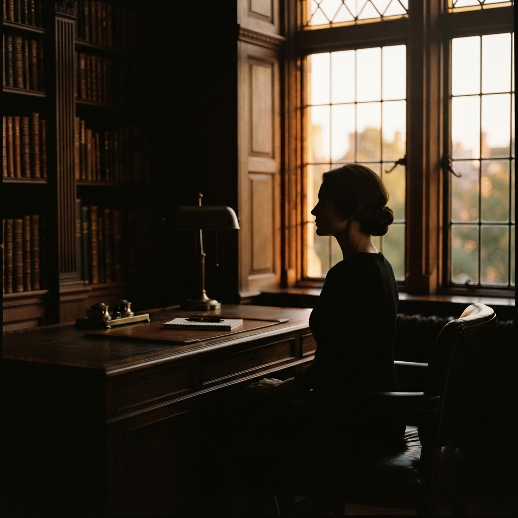 A woman in a dimly lit study, silhouetted against golden window light, her reflection barely visible